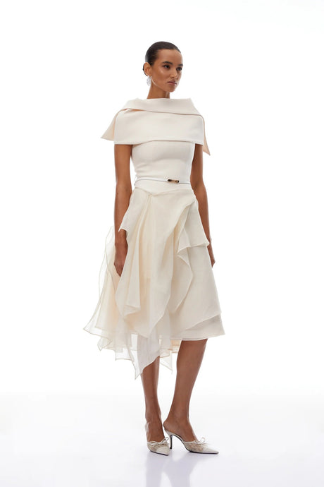 Aria White Asymmetrical Shawl  Tulle Panel Dress Set