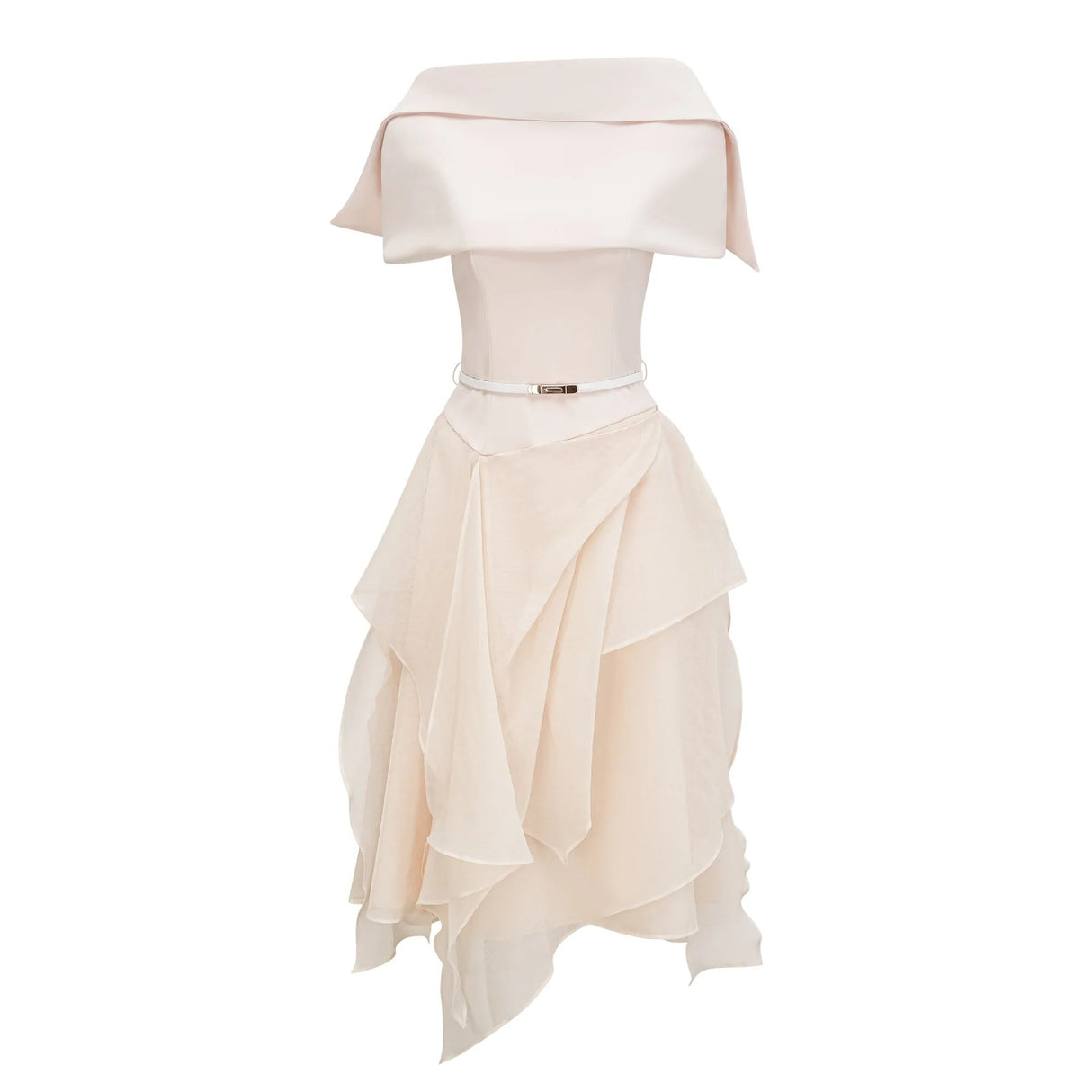 Aria White Asymmetrical Shawl  Tulle Panel Dress Set