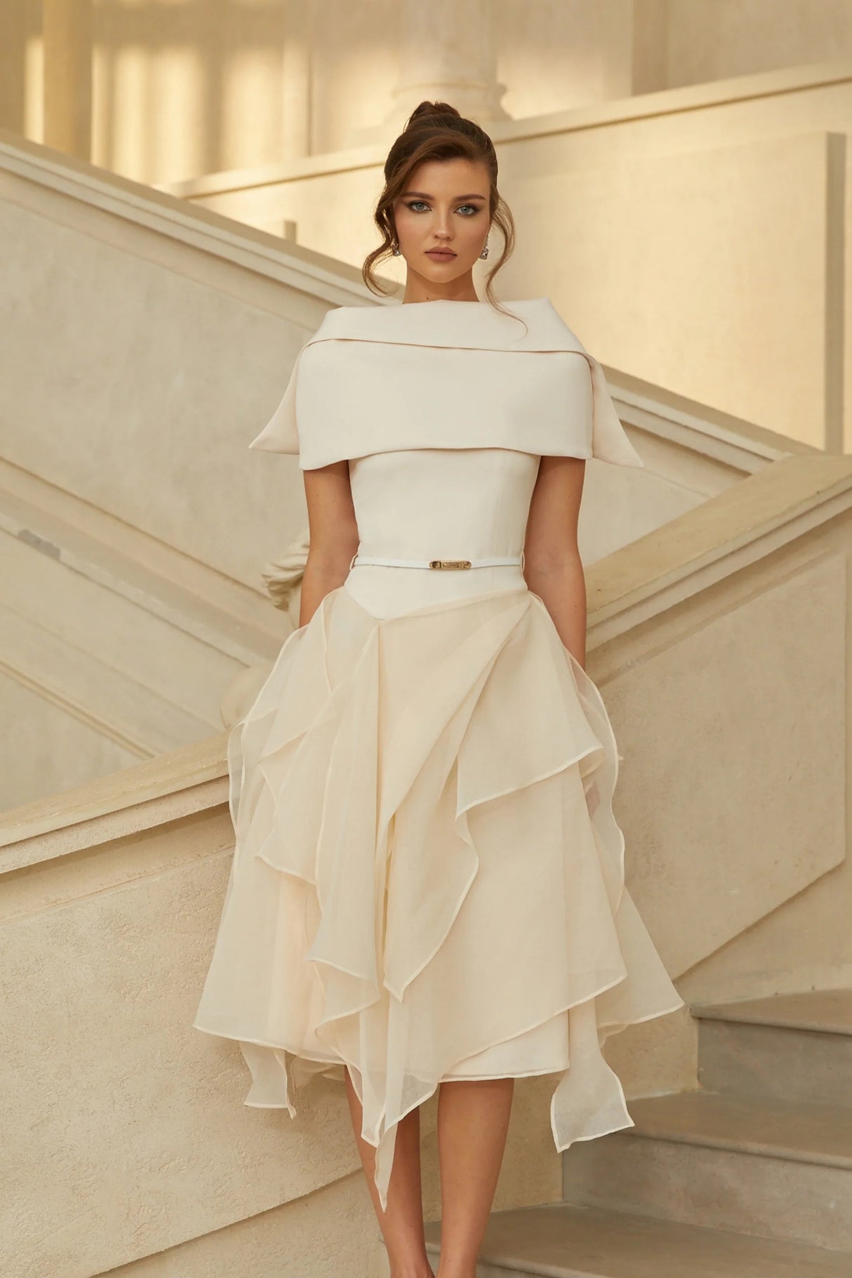 Aria White Asymmetrical Shawl  Tulle Panel Dress Set