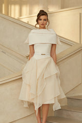 Aria White Asymmetrical Shawl  Tulle Panel Dress Set