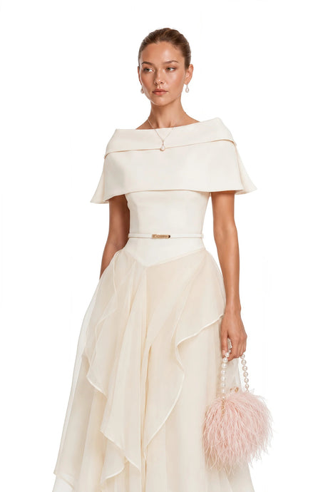 Aria White Asymmetrical Shawl  Tulle Panel Dress Set