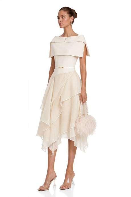 Aria White Asymmetrical Shawl  Tulle Panel Dress Set
