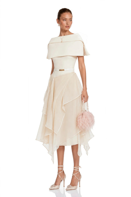 Aria White Asymmetrical Shawl  Tulle Panel Dress Set