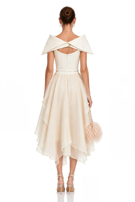 Aria White Asymmetrical Shawl  Tulle Panel Dress Set