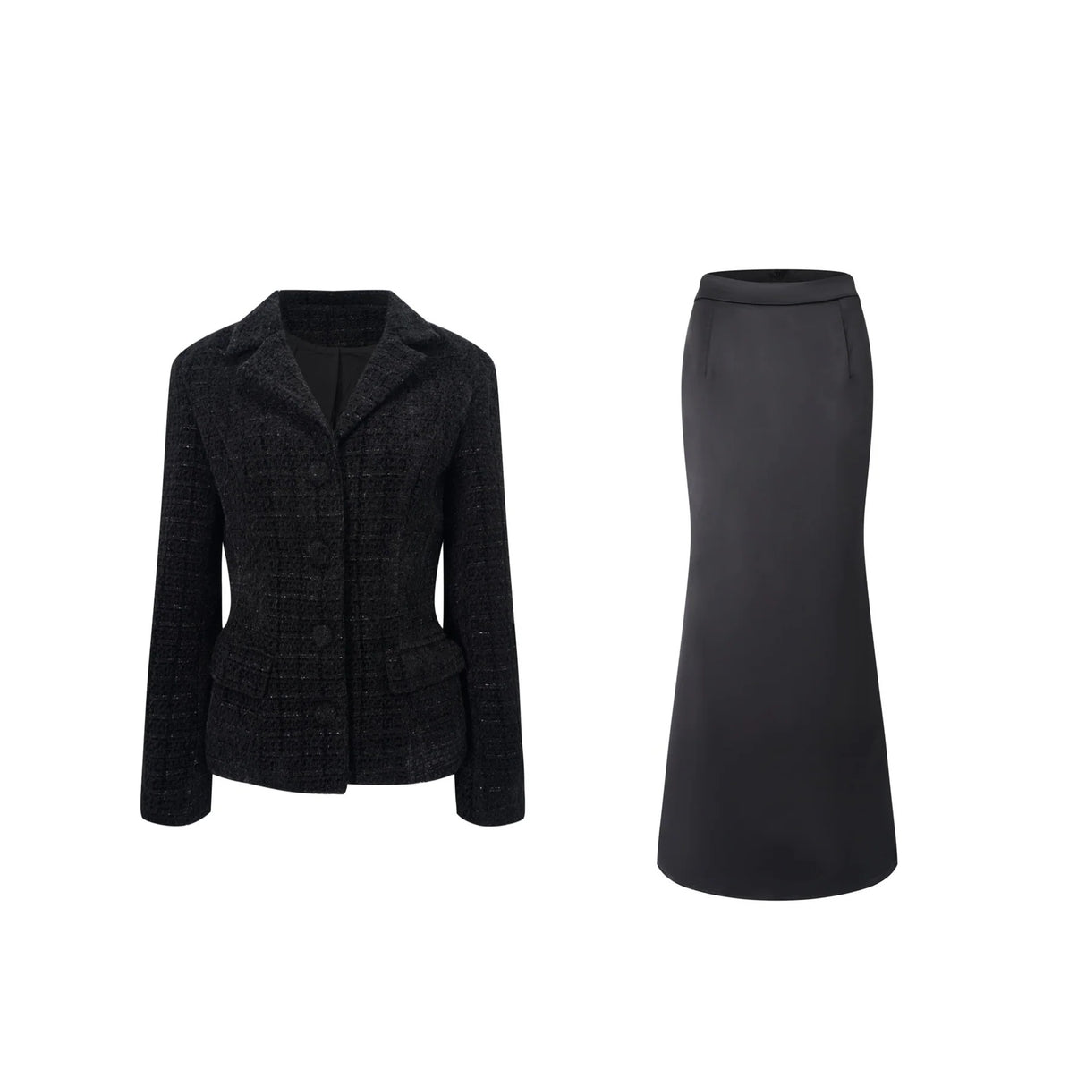 Ariadna Black Tweed Jacket  Satin Skirt Set