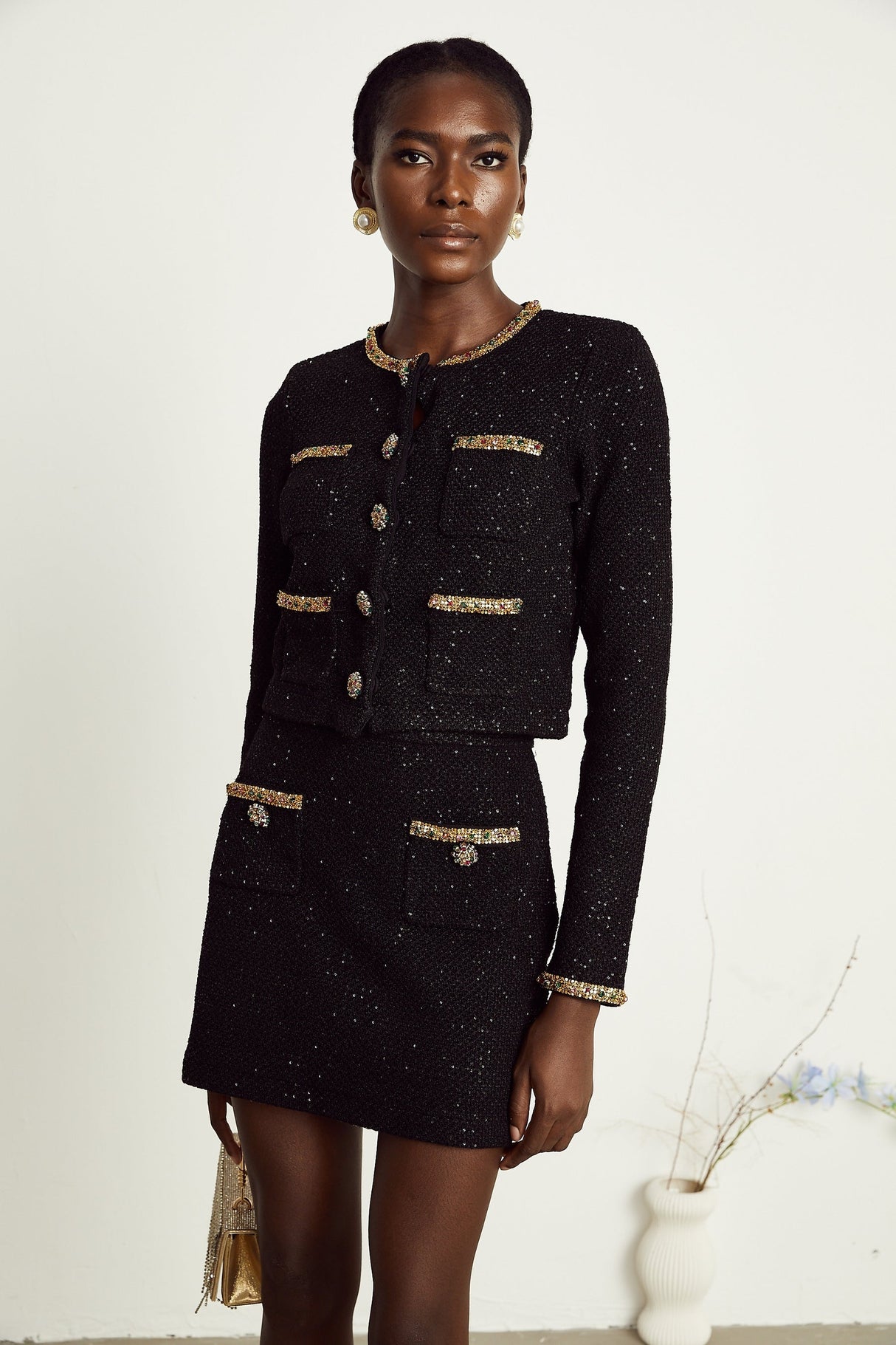 Ariane black sequined tweed jacket  skirt matching set
