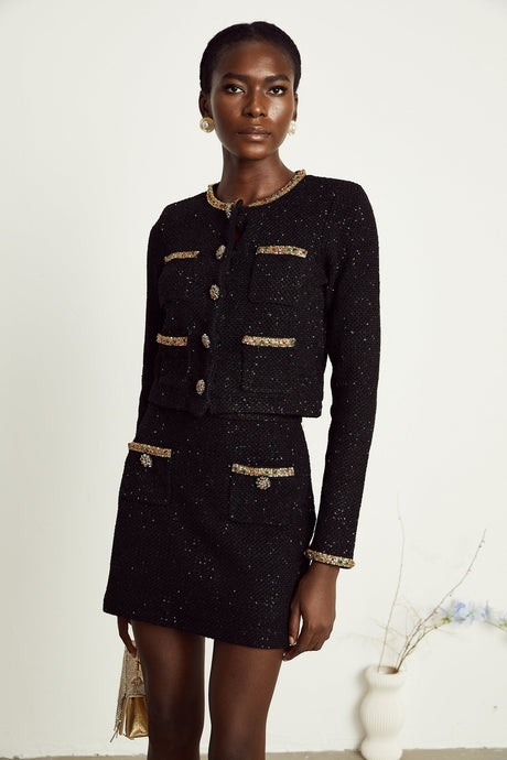 Ariane black sequined tweed jacket  skirt matching set
