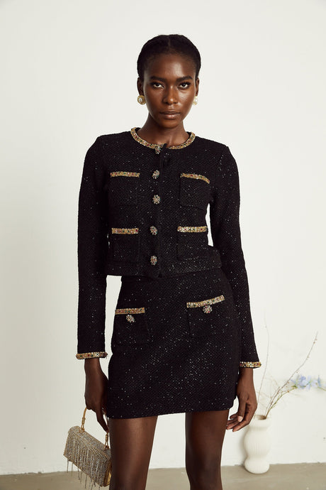 Ariane black sequined tweed jacket  skirt matching set