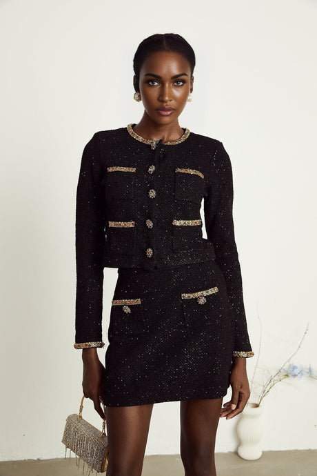 Ariane black sequined tweed jacket  skirt matching set