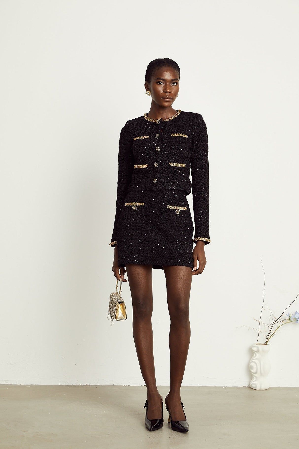 Ariane black sequined tweed jacket  skirt matching set