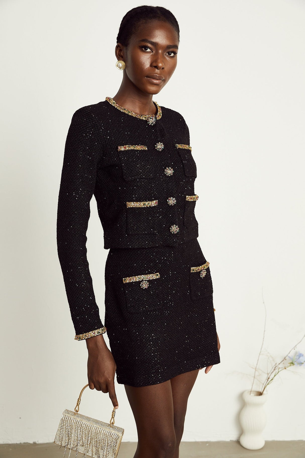 Ariane black sequined tweed jacket  skirt matching set