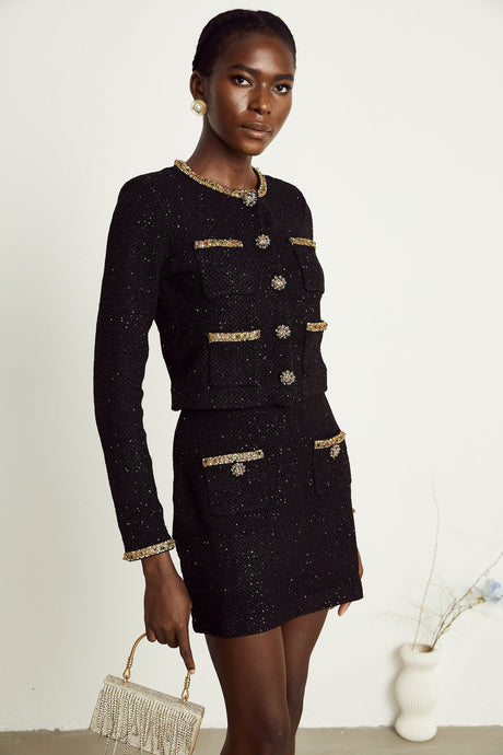 Ariane black sequined tweed jacket  skirt matching set