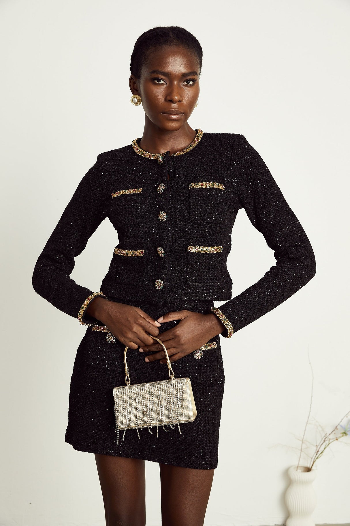 Ariane black sequined tweed jacket  skirt matching set