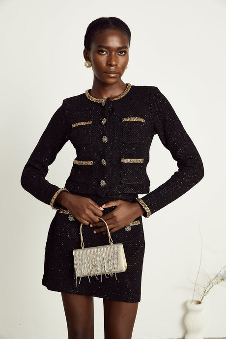 Ariane black sequined tweed jacket  skirt matching set