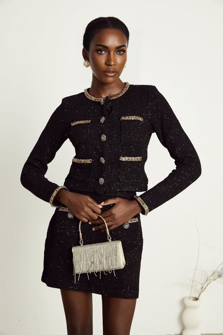 Ariane black sequined tweed jacket  skirt matching set