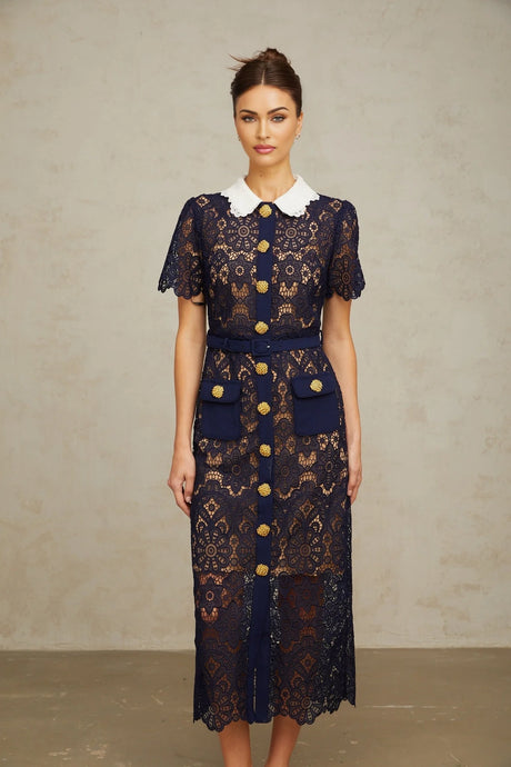 Ariane darkblue floral crochetlace midi dress