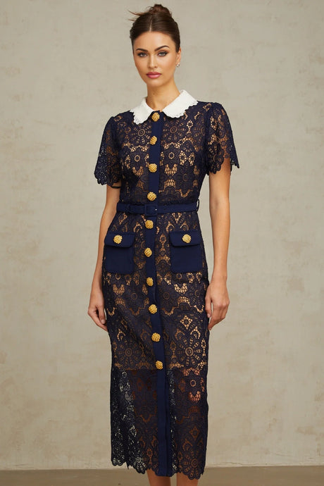 Ariane darkblue floral crochetlace midi dress