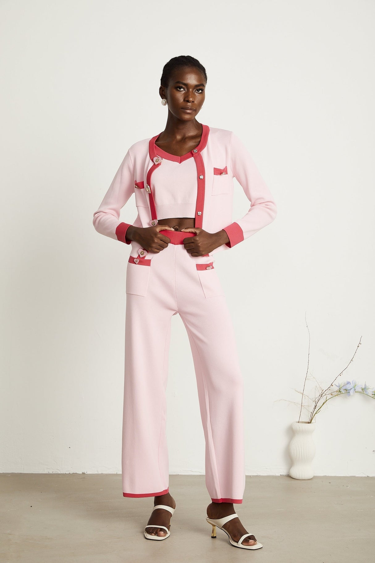 Ariane pink knitted cardigan  vest top  trousers matching set