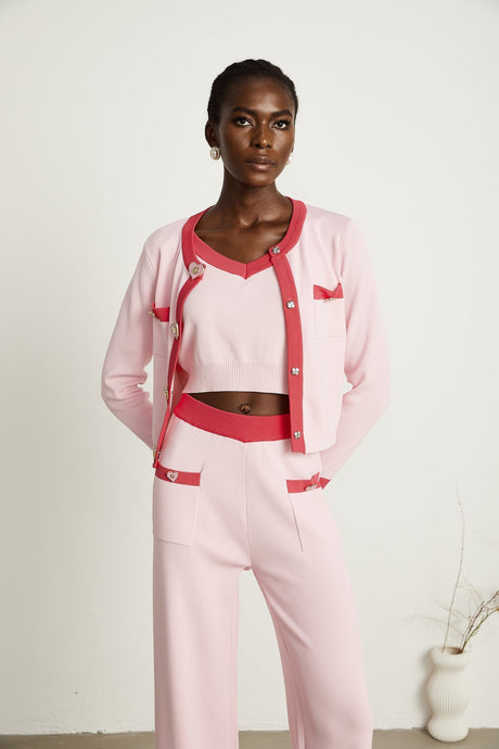 Ariane pink knitted cardigan  vest top  trousers matching set