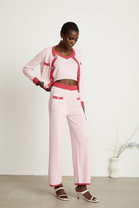 Ariane pink knitted cardigan  vest top  trousers matching set