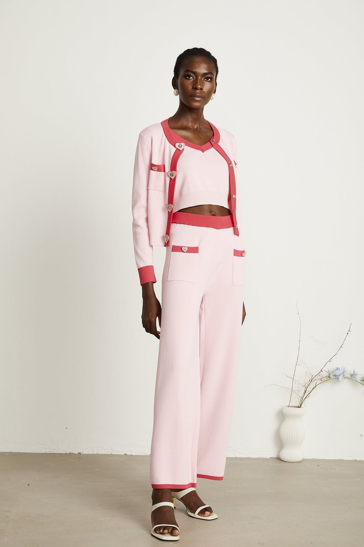 Ariane pink knitted cardigan  vest top  trousers matching set