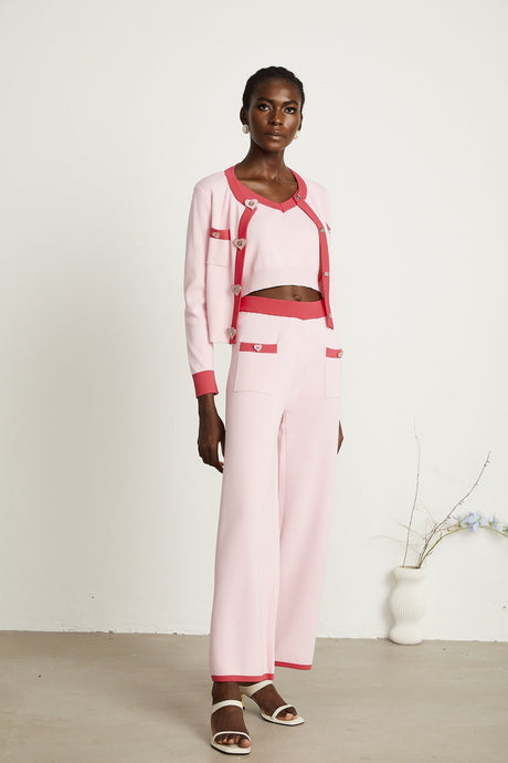 Ariane pink knitted cardigan  vest top  trousers matching set