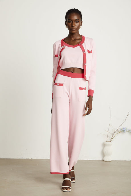 Ariane pink knitted cardigan  vest top  trousers matching set