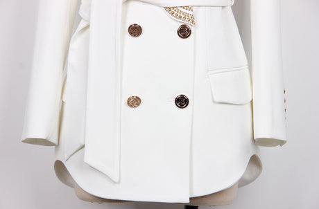 Arianna Blazer - Tailored Double - Breasted Design - Embellished Collar - Waist - Cinching Belt - Lightweight Fabric - Modern Luxury Style