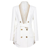 Arianna Blazer - Tailored Double - Breasted Design - Embellished Collar - Waist - Cinching Belt - Lightweight Fabric - Modern Luxury Style