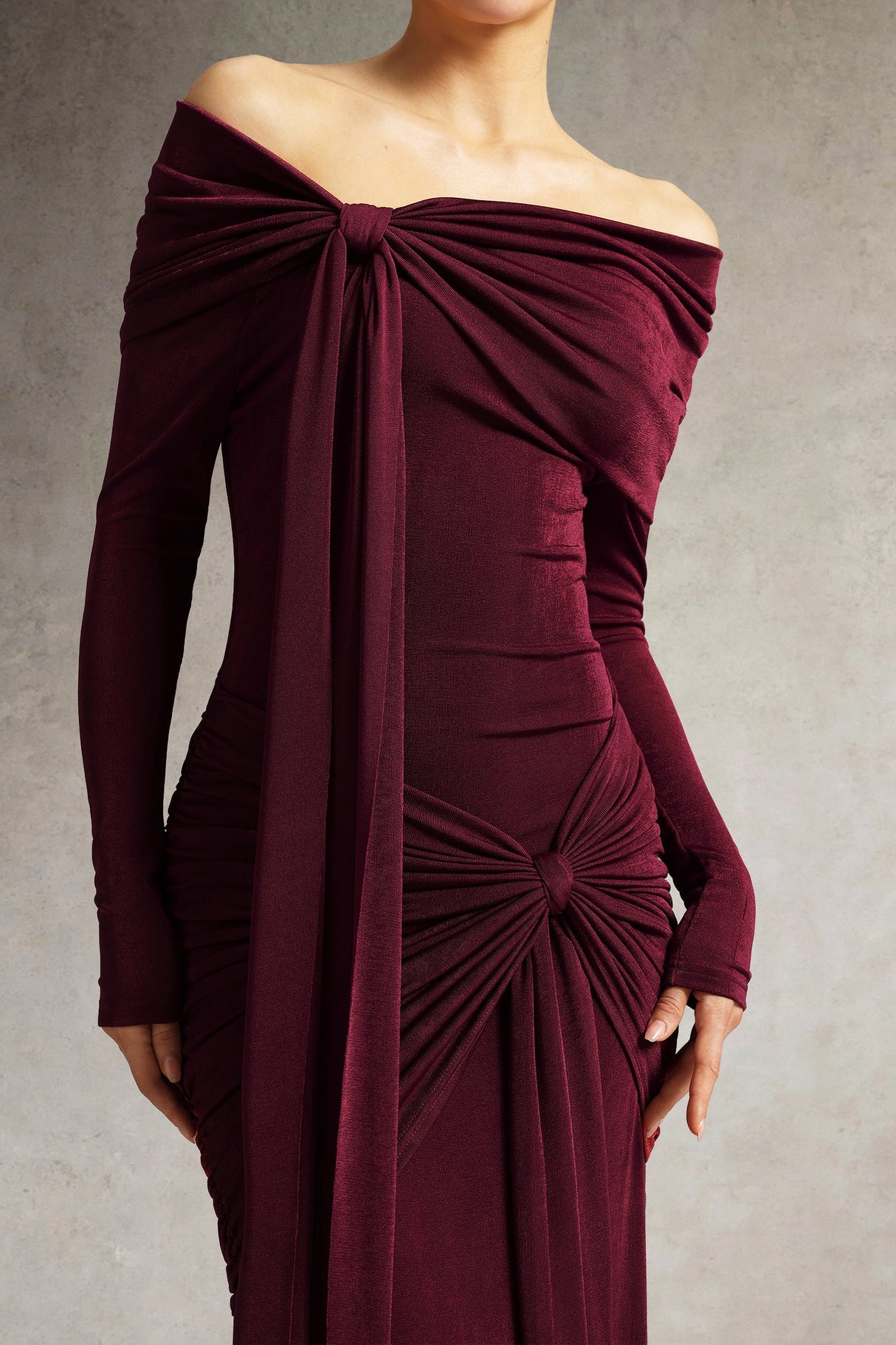 Arianna Burgundy Off-Shoulder Ruched Detailing Long Sleeve Floor-Length Dress