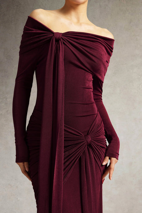 Arianna Burgundy Off-Shoulder Ruched Detailing Long Sleeve Floor-Length Dress