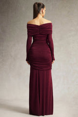 Arianna Burgundy Off-Shoulder Ruched Detailing Long Sleeve Floor-Length Dress