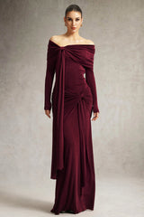 Arianna Burgundy Off-Shoulder Ruched Long Sleeve Floor-Length Dress