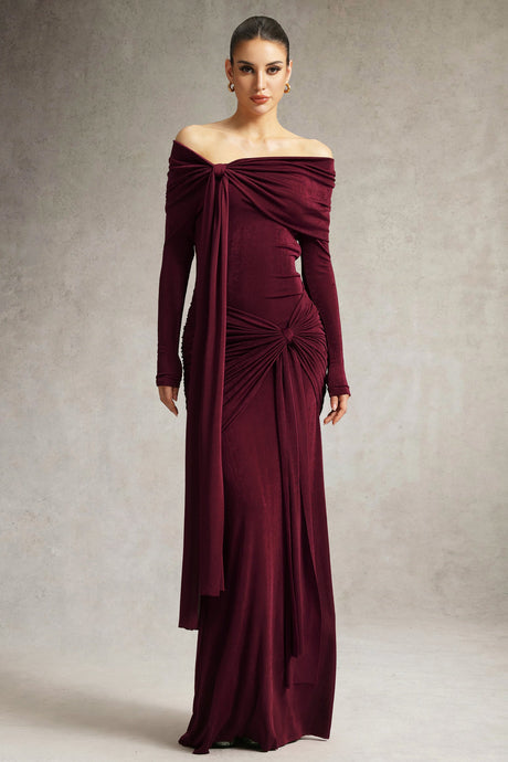 Arianna Burgundy Off-Shoulder Ruched Long Sleeve Floor-Length Dress