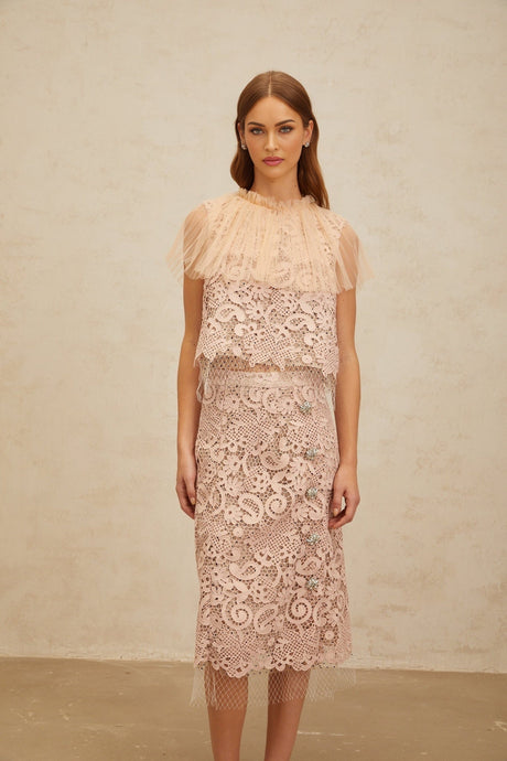 Arianna Lace Top & Skirt - Frilled Neck - Tulle Panelling - Crystal Embellishment - Rear Zip Fastening