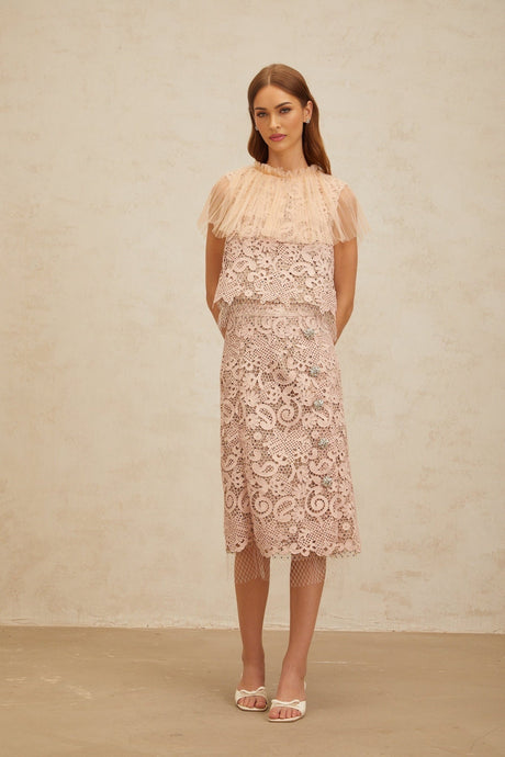 Arianna Lace Top & Skirt - Frilled Neck - Tulle Panelling - Crystal Embellishment - Rear Zip Fastening