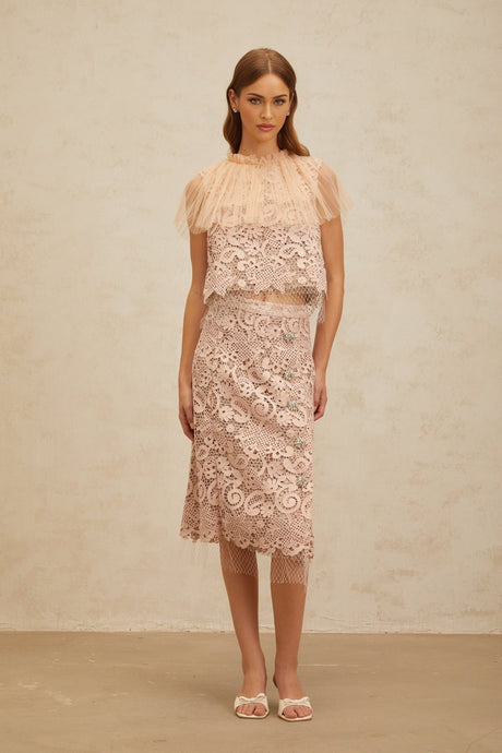 Arianna Lace Top & Skirt - Frilled Neck - Tulle Panelling - Crystal Embellishment - Rear Zip Fastening