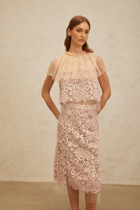 Arianna Lace Top & Skirt - Frilled Neck - Tulle Panelling - Crystal Embellishment - Rear Zip Fastening