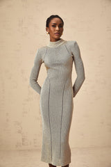 Arianna Midi Dress - Metallic Gold - tone - Ribbed Knit - Shoulder Pads - Fitted Silhouette - Calf Length