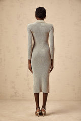 Arianna Midi Dress - Metallic Gold - tone - Ribbed Knit - Shoulder Pads - Fitted Silhouette - Calf Length