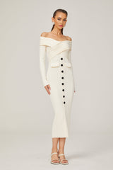 Arianna Midi Dress - Off - Shoulder Ribbed Knit - Long Sleeves - Crossover Front