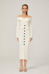 Arianna Midi Dress - Off - Shoulder Ribbed Knit - Long Sleeves - Crossover Front
