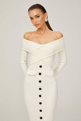 Arianna Midi Dress - Off - Shoulder Ribbed Knit - Long Sleeves - Crossover Front