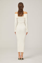 Arianna Midi Dress - Off - Shoulder Ribbed Knit - Long Sleeves - Crossover Front