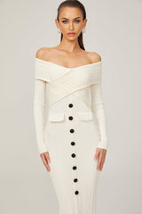Arianna Midi Dress - Off - Shoulder Ribbed Knit - Long Sleeves - Crossover Front