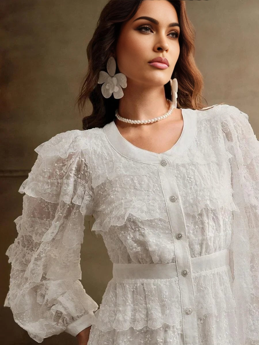 Arianna Midi Dress - Round Neck - Bishop Sleeve - High Waist - Elegant - A Line