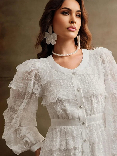 Arianna Midi Dress - Round Neck - Bishop Sleeve - High Waist - Elegant - A Line