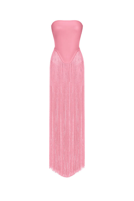 Arianna Pink Fringe Strapless Dress