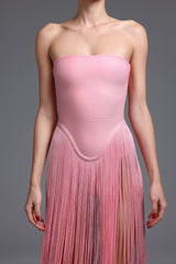 Arianna Pink Fringe Strapless Dress