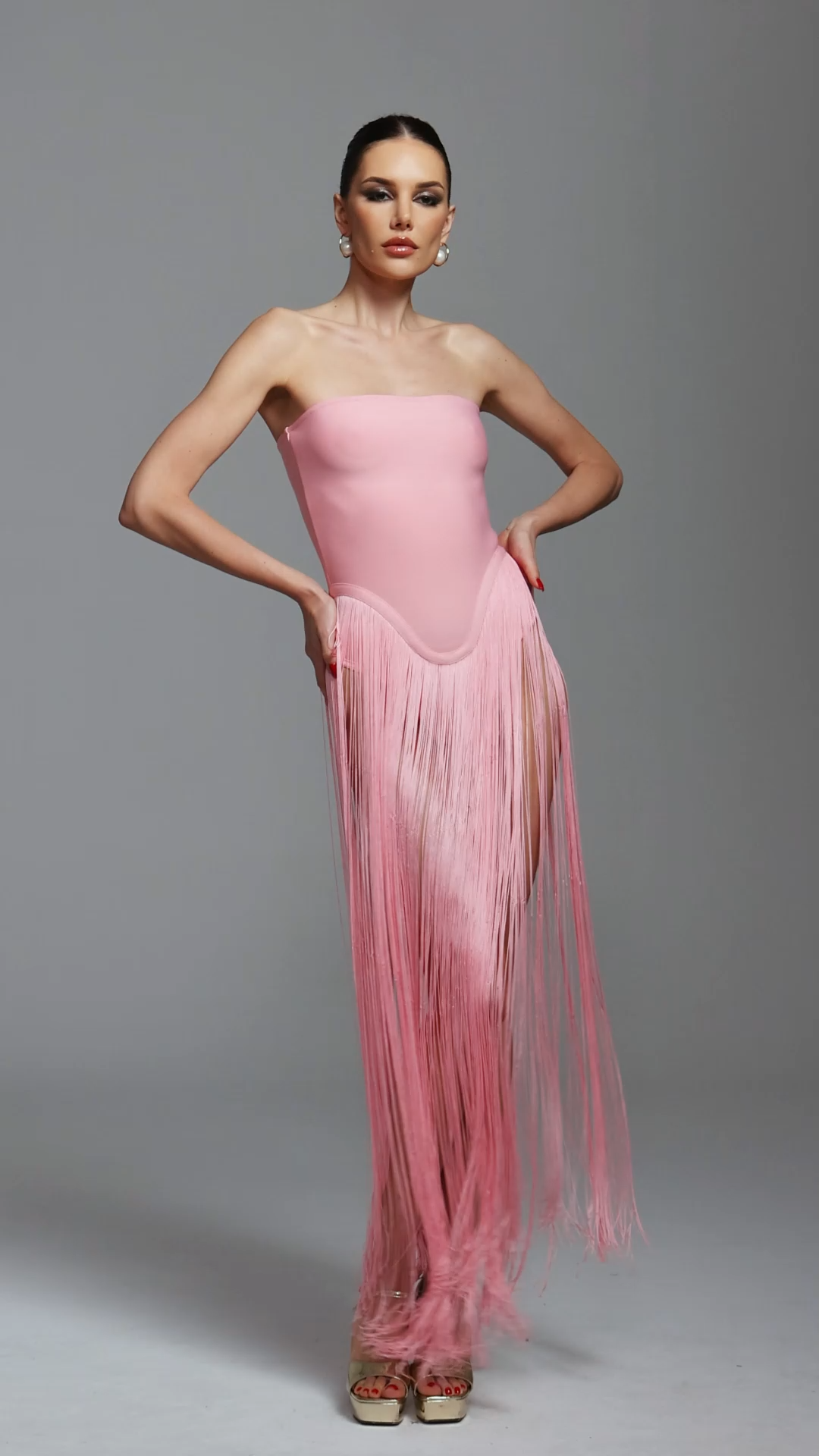 Arianna Pink Fringe Strapless Dress